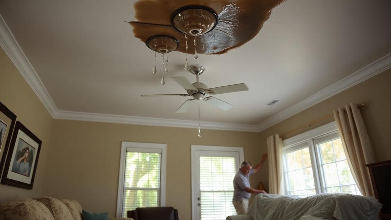 Water dripping through a stained ceiling into a bucket inside a Florida home