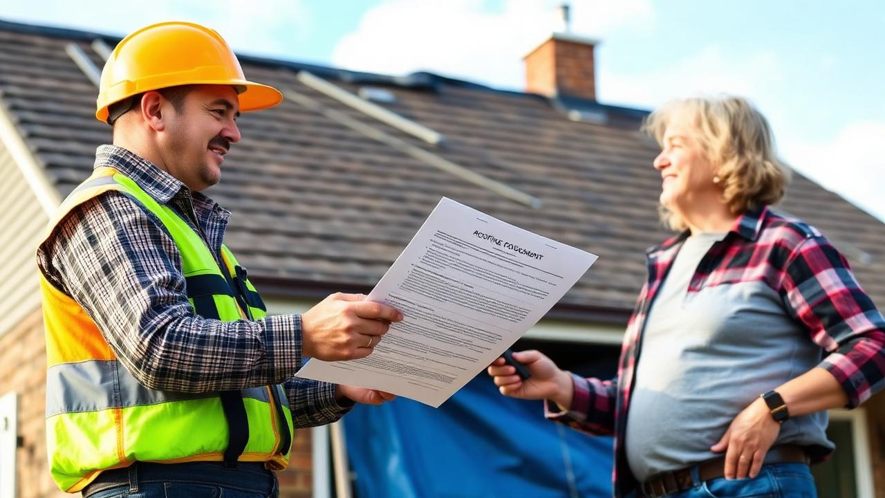 Roofing foreman reviewing a written scope of work with a homeowner