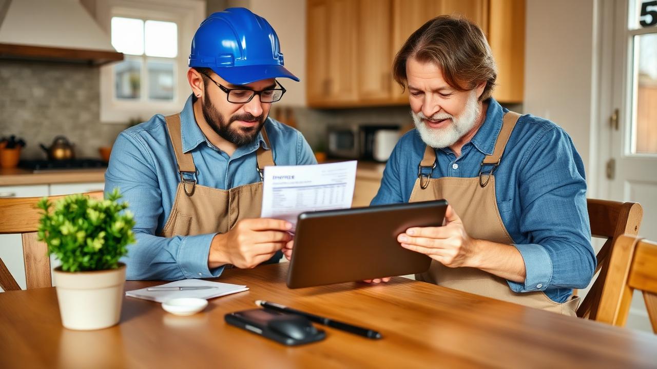 Contractor and homeowner reviewing an itemized emergency roofing invoice