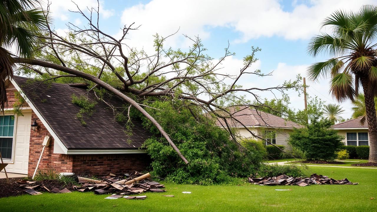 Fallen tree limb on a damaged roof after a hurricane in a Florida neighborhood