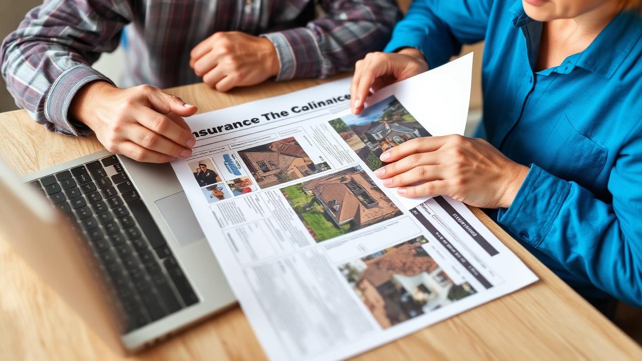 Homeowner organizing roof damage photos and insurance claim paperwork