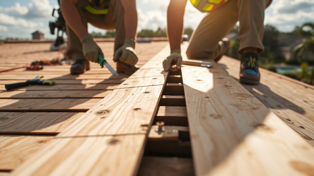 Roofing crew replacing damaged roof decking during a Hollywood, FL installation
