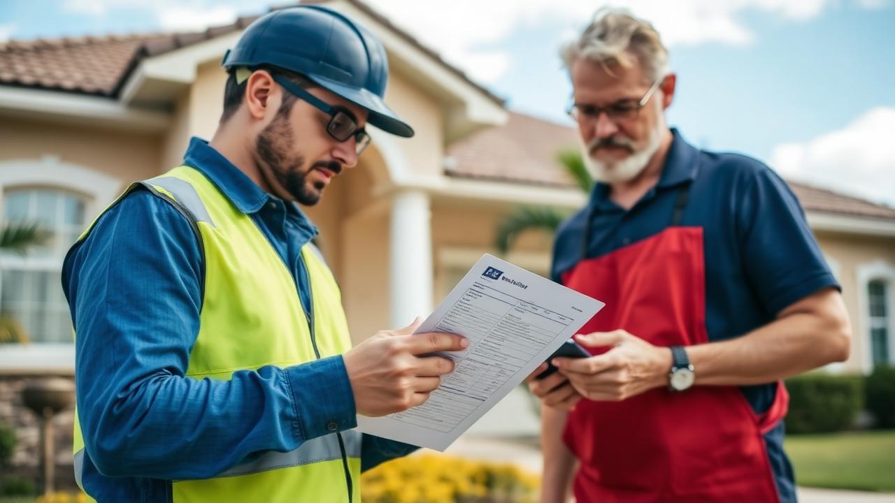 Contractor reviewing a line-item roof installation estimate with a homeowner