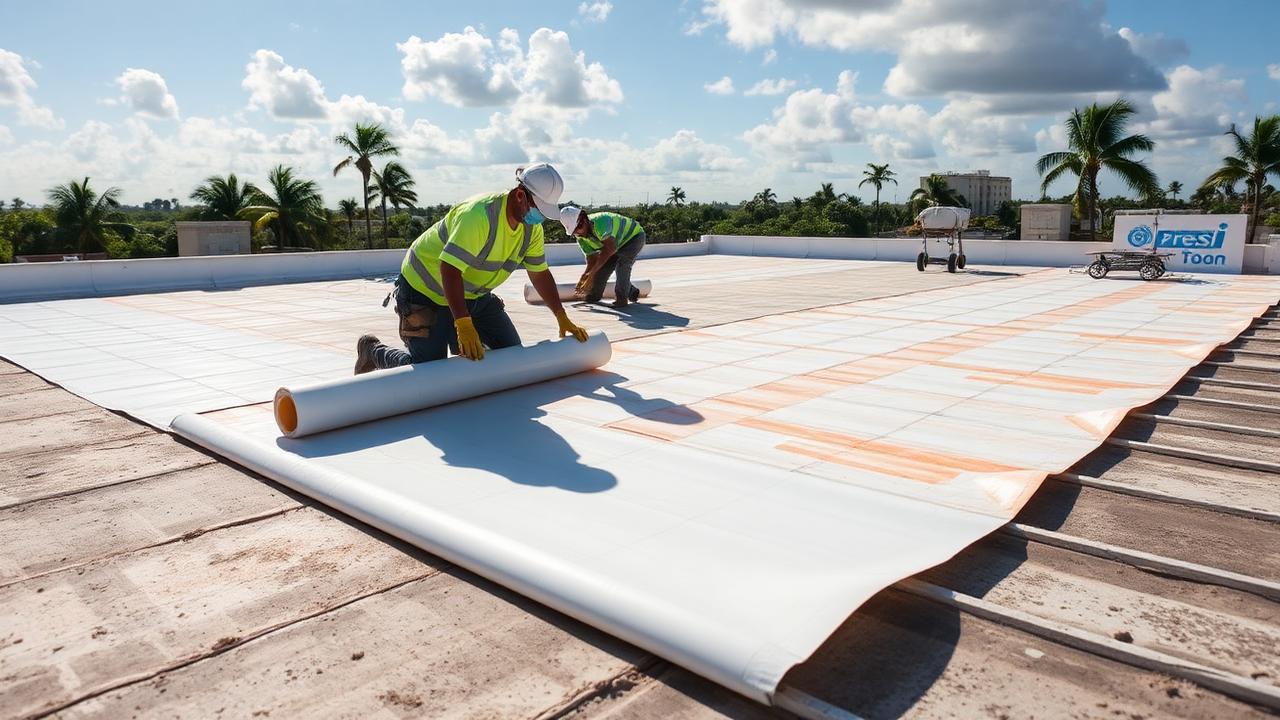 Crew installing a self-adhering secondary water barrier over bare roof deck