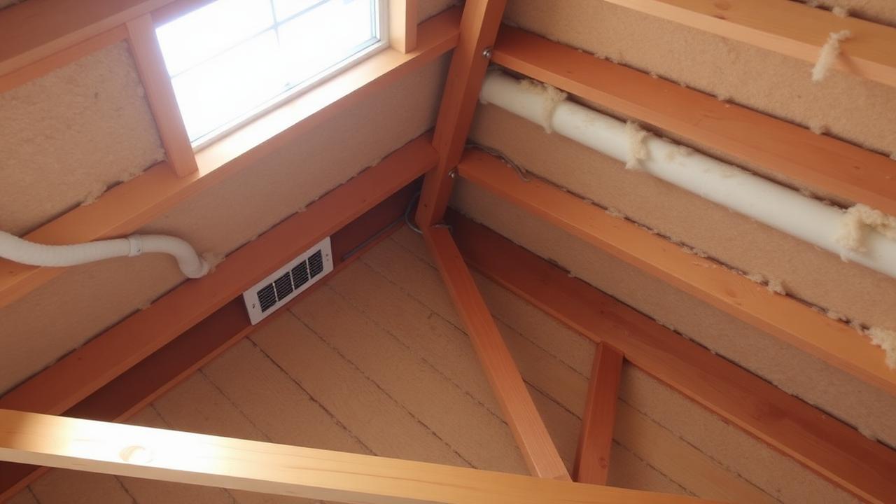 Attic interior showing soffit intake vents, insulation, and rafter bays