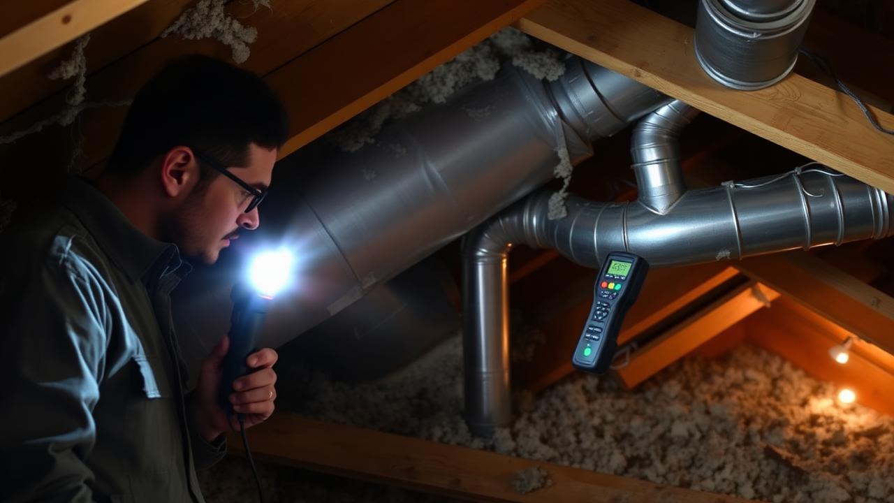 Technician using a flashlight and moisture meter to inspect attic insulation and ductwork