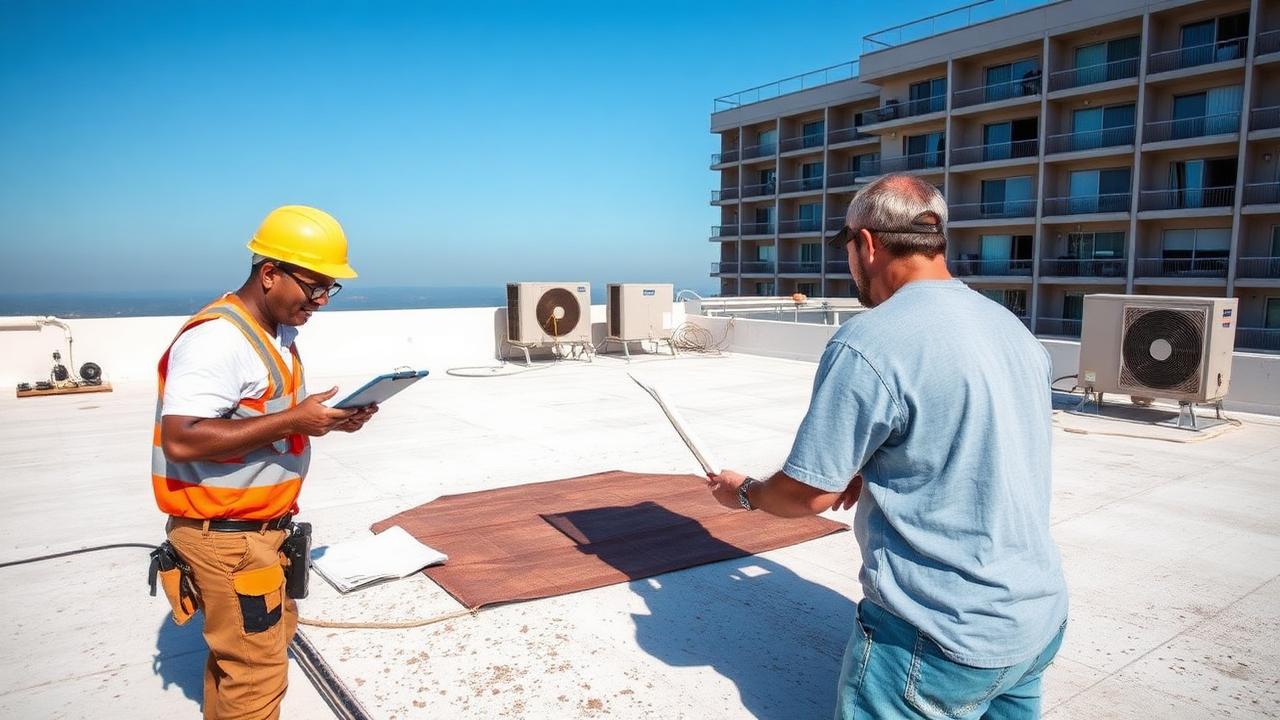 Roofing technicians documenting flat roof membrane damage on a condominium rooftop