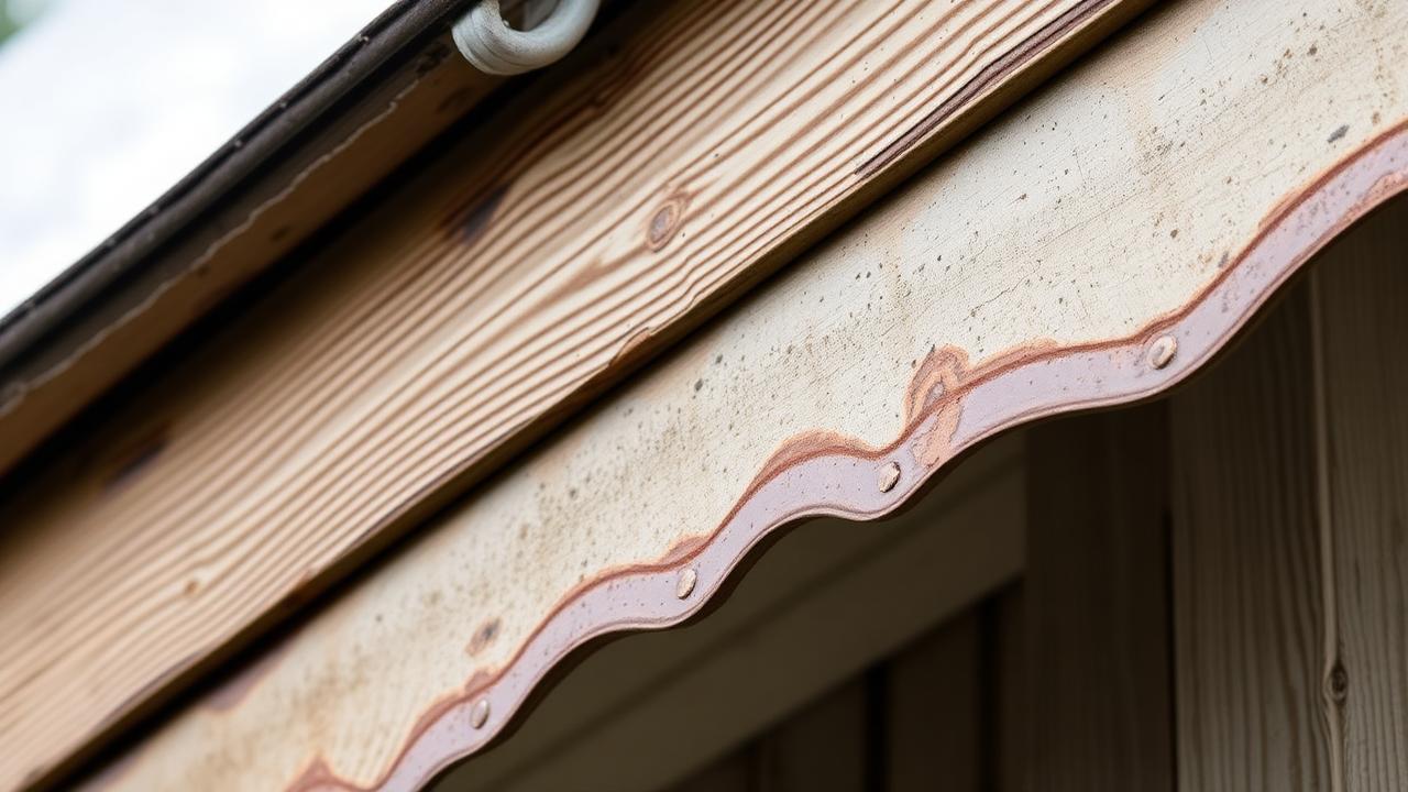 Close-up of rotted fascia board and corroded drip edge metal