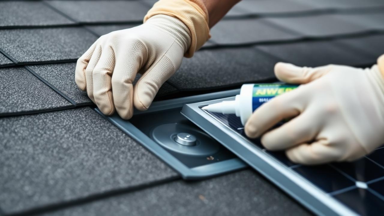 Detail of a solar mount flashing and sealant on a shingle roof