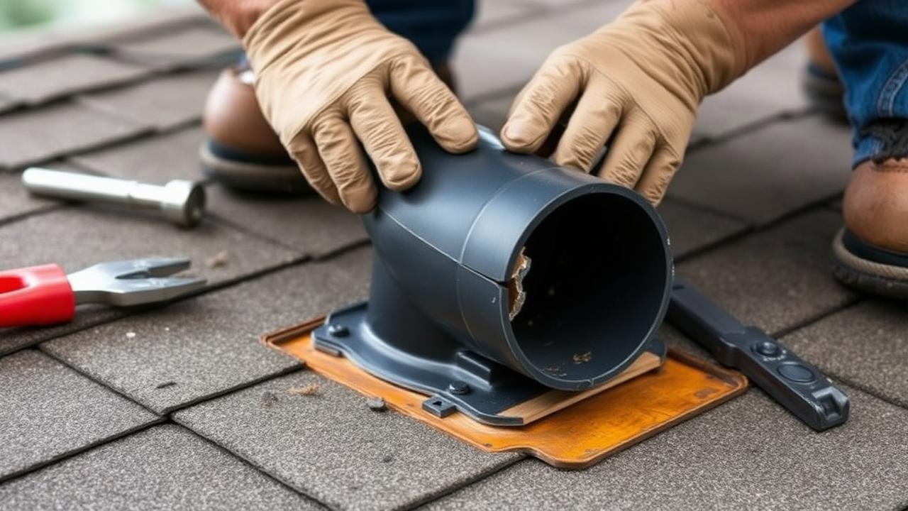 Roofer replacing a cracked plumbing vent boot on a shingle roof
