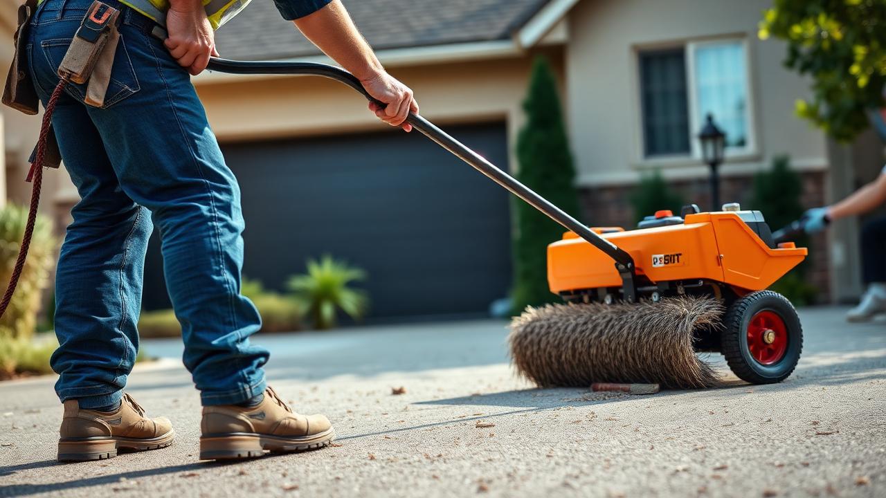 Worker running a magnetic sweeper across a driveway after a roof installation