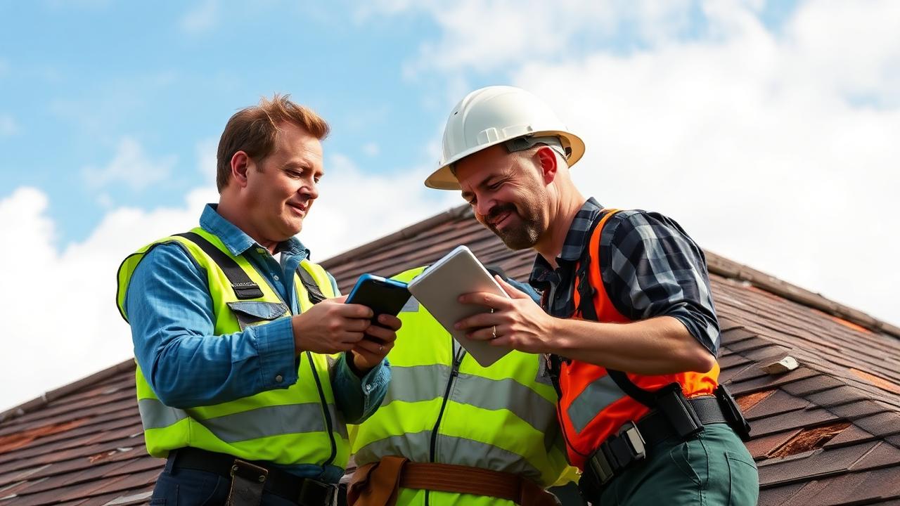 Insurance adjuster and roofing contractor documenting storm damage on a roof together
