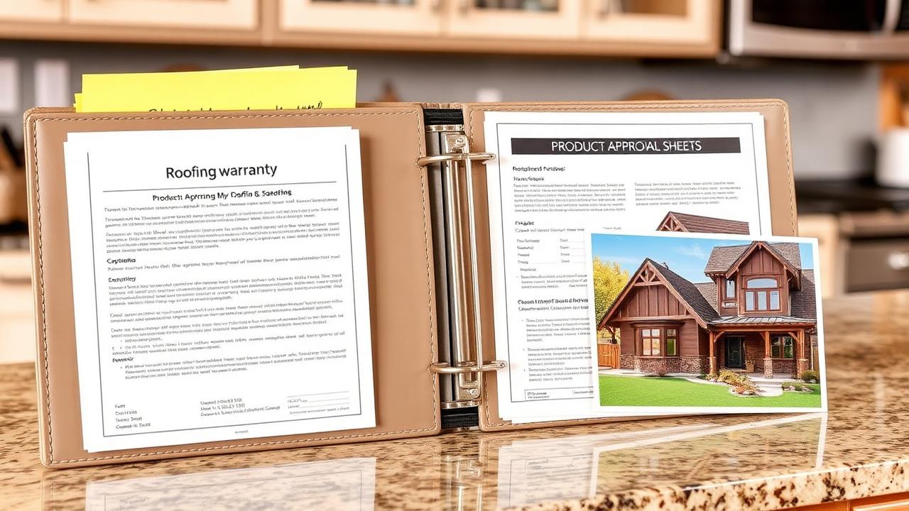 Folder of roofing warranty paperwork, product approval sheets and completion photos